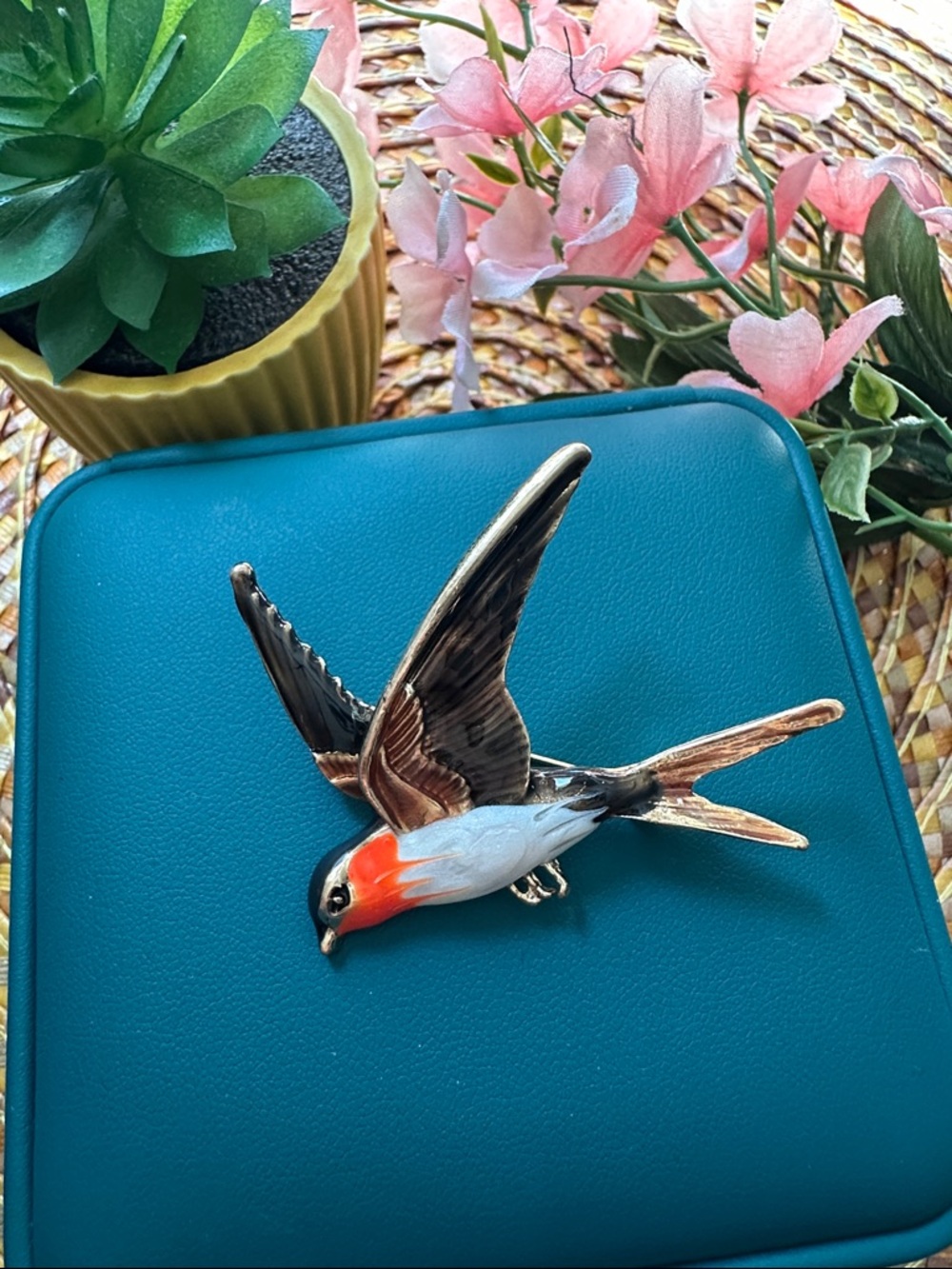 Hand-Painted Swallow Bird Brooch Pin in Orange, White, and Brown